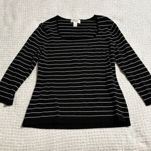 Talbots Womens Black White Striped Square Neck Knit Top Medium Classic Goth
